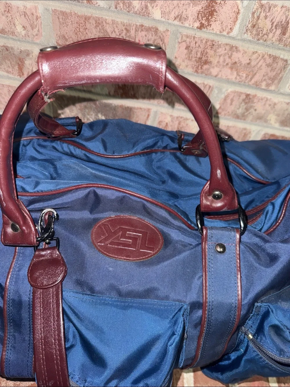 YSL Leather-Trim Navy Duffel Bag with Burgundy Accents